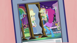 Size: 1280x720 | Tagged: source needed, useless source url, safe, edit, edited screencap, screencap, applejack, fluttershy, pinkie pie, rainbow dash, equestria girls, perfect day for fun, rainbow rocks, baseball, boots, bracelet, clothes, food, high heel boots, hot dog, huh, jewelry, liar face, liarjack, meat, mirror, pinkie's amazing mirror, raised leg, rear view, sausage, scrunchy face, skirt