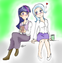 Size: 950x970 | Tagged: safe, artist:claireannecarr, derpibooru import, trixie, twilight sparkle, human, clothes, female, heart, humanized, lesbian, looking at each other, no pupils, shipping, sitting, skirt, twixie