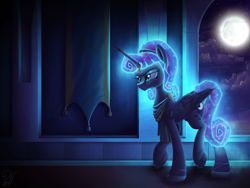 Size: 2000x1500 | Tagged: safe, artist:pirill, derpy hooves, princess luna, alicorn, pony, alternate hairstyle, artemis luna, clothes, constellation, female, frown, galaxy mane, glare, glow, glowing mane, horn ring, interior, mirror universe, moon, night, solo, tail wrap, tapestry, toga, unamused, walking, window