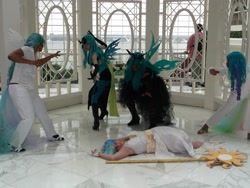 Size: 2048x1536 | Tagged: artist needed, safe, princess celestia, queen chrysalis, human, 2013, convention, cosplay, fight, irl, irl human, katsucon, multeity, photo, staff