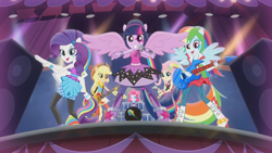 Size: 1440x810 | Tagged: safe, screencap, applejack, fluttershy, pinkie pie, rainbow dash, rarity, twilight sparkle, equestria girls, perfect day for fun, rainbow rocks, ponied up, the rainbooms