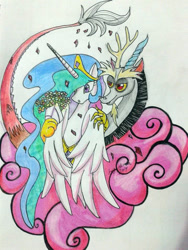 Size: 720x960 | Tagged: safe, artist:legadema, discord, princess celestia, alicorn, pony, dislestia, female, flower, male, shipping, straight, traditional art