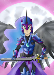 Size: 760x1050 | Tagged: safe, artist:alui, artist:knight-alui, nightmare moon, princess luna, human, friendship is magic, horned humanization, humanized, solo, sword, weapon, winged humanization