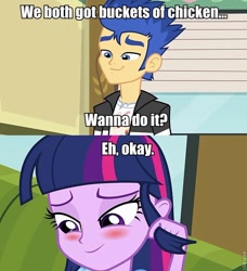 Size: 640x703 | Tagged: safe, edit, edited screencap, screencap, flash sentry, twilight sparkle, equestria girls, blushing, caption, comic, expiration date, female, flashlight, image macro, love & war update, male, meme, reference, roflbot, scout, shipping, straight, team fortress 2, text