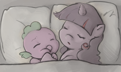 Size: 900x537 | Tagged: safe, artist:luna-sedata, derpibooru import, spike, twilight sparkle, dragon, baby, baby dragon, baby spike, bed, cute, filly twilight sparkle, mama twilight, sleeping, younger