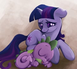 Size: 866x768 | Tagged: safe, artist:lavendergrey, artist:snufflin, derpibooru import, spike, twilight sparkle, dragon, cute, family, mama twilight, sleeping, spikelove