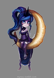 Size: 692x1000 | Tagged: safe, artist:mynxuu, princess luna, human, chibi, clothes, corset, crescent moon, dress, humanized, moon, socks, solo, stockings, tangible heavenly object, thigh highs