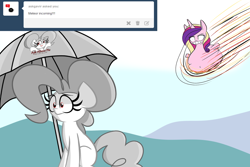 Size: 1280x853 | Tagged: safe, artist:albinon, princess cadance, oc, alicorn, pony, ask-albino-pie, tumblr, umbrella