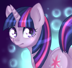 Size: 1024x960 | Tagged: source needed, useless source url, safe, artist:cepto, derpibooru import, twilight sparkle, unicorn twilight, pony, unicorn, abstract background, blushing, bubble, cute, female, horn, looking back, mare, plot, solo, starry eyes, twiabetes, wingding eyes