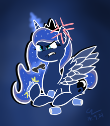 Size: 700x800 | Tagged: safe, artist:gndriver, princess luna, alicorn, pony, angry, controller, gamer luna, gritted teeth, magic, prone, soda can, solo, spread wings, telekinesis