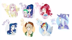 Size: 2560x1446 | Tagged: safe, artist:amanemiss, derpibooru import, applejack, fluttershy, pinkie pie, rainbow dash, rarity, spike, trixie, twilight sparkle, horned humanization, humanized, mane seven, traditional art, watercolor painting, winged humanization