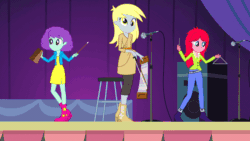 Size: 800x450 | Tagged: safe, screencap, blueberry pie, derpy hooves, raspberry fluff, equestria girls, rainbow rocks, animated, bell, cowbell, female, microphone, musical instrument, musical saw, speaker, the muffins, triangle, trio, trio female