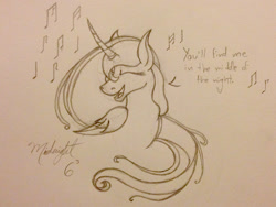 Size: 1000x750 | Tagged: safe, artist:midnightsix3, princess luna, alicorn, pony, curved horn, eyes closed, monochrome, solo, traditional art