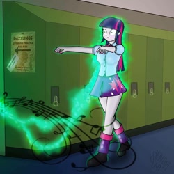 Size: 894x894 | Tagged: safe, artist:hypnolad, twilight sparkle, equestria girls, rainbow rocks, aura, blouse, boots, canterlot high, clothes, female, hallway, hypnotic music, implied dazzlings, lockers, magic drain, mind control, music notes, nail polish, outstretched arms, pinpoint eyes, poster, shoes, skirt, solo, story included, the dazzlings