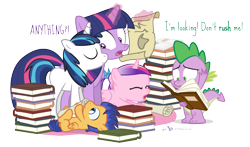 Size: 1020x600 | Tagged: safe, artist:dm29, flash sentry, princess cadance, shining armor, spike, twilight sparkle, twilight sparkle (alicorn), alicorn, dragon, pony, unicorn, age regression, blank flank, book, colt, cute, eyes closed, female, filly, frown, julian yeo is trying to murder us, magic, mare, on back, open mouth, prone, scroll, simple background, smiling, telekinesis, transparent background, wide eyes