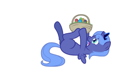 Size: 4859x2733 | Tagged: safe, artist:minimoose772, princess luna, alicorn, pony, basket, easter, easter egg, egg, filly, on back, simple background, solo, transparent background, woona, younger