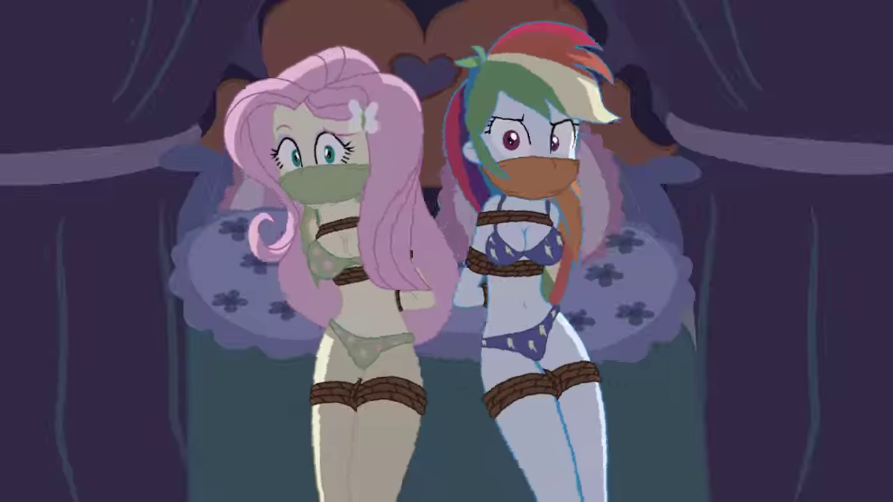 404257 - suggestive, artist:radiantrealm, artist:sonicrock56, fluttershy,  rainbow dash, equestria girls, animated, belly button, blue underwear,  bondage, bound and gagged, box tied, bra, breast bondage, breasts,  cleavage, cloth gag, clothes, dashsub ...