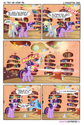 Size: 1206x1800 | Tagged: safe, artist:pixelkitties, derpibooru import, daring do, derpy hooves, rainbow dash, trixie, twilight sparkle, pegasus, pony, black eye, book, censored, censored vulgarity, comic, female, golden oaks library, grawlixes, implied shipping, indiana jones, indiana jones and the kingdom of the crystal skull, lesbian, library, mare
