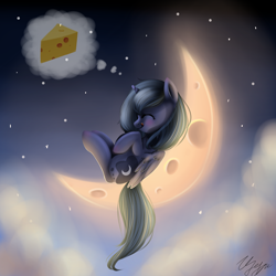 Size: 1600x1600 | Tagged: safe, artist:izymibrony, princess luna, alicorn, pony, cheese, crescent moon, cute, eyes closed, filly, licking lips, lunabetes, moon, solo, tangible heavenly object, tongue out, woona, younger