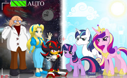 Size: 1133x704 | Tagged: safe, artist:brodogz, princess cadance, shining armor, twilight sparkle, twilight sparkle (alicorn), alicorn, pony, unicorn, commission, crossover, female, gerald robotnik, haters gonna hate, mare, maria, shadow the hedgehog, sonic the hedgehog (series)