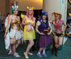 Size: 2000x1656 | Tagged: artist needed, safe, applejack, fluttershy, princess celestia, twilight sparkle, human, 2012, armor, book, clothes, convention, convention:fanime14, cosplay, front knot midriff, glasses, irl, irl human, midriff, photo, san diego comic con, sandals, sdcc 2012, skirt, sweater vest