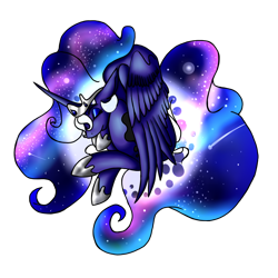 Size: 1000x1000 | Tagged: safe, artist:tardispony, nightmare moon, princess luna, alicorn, pony, blue, clothes, comet, ethereal mane, galaxy mane, moon, princess, t-shirt