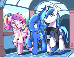 Size: 850x655 | Tagged: safe, artist:ende26, princess cadance, shining armor, oc, oc:sonic dash, alicorn, pony, unicorn, clothes, commission, crossover, glasses, high school cadance, ponified, sonic the hedgehog, sonic the hedgehog (series)