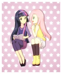 Size: 954x1130 | Tagged: safe, artist:mirakurunaito, derpibooru import, fluttershy, twilight sparkle, clothes, humanized, skirt