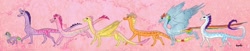 Size: 1280x262 | Tagged: safe, artist:roachpatrol, derpibooru import, applejack, fluttershy, pinkie pie, rainbow dash, rarity, spike, twilight sparkle, dragon, dragoness, dragonified, dragonjack, feathered dragon, female, flutterdragon, mane seven, mane six, pink background, pinkiedragon, ponified, ponified spike, rainbow dragon, raridragon, simple background, species swap, twilidragon, wing claws