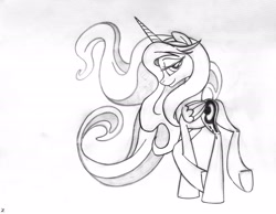 Size: 2242x1744 | Tagged: safe, artist:uminanimu, princess luna, alicorn, pony, bedroom eyes, grayscale, looking at you, looking back, lunadoodle, monochrome, plot, sketch, smiling, solo