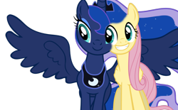 Size: 1600x993 | Tagged: artist needed, safe, fluttershy, princess luna, conjoined, eyeball conjoinment, female, fusion, grin, i dont even, lesbian, lunashy, shipping, simple background, stuck, wat, we have become one, what has science done