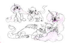 Size: 800x461 | Tagged: safe, artist:xstooiex, discord, princess celestia, alicorn, pony, dislestia, female, filly, hair pulling, male, monochrome, pink-mane celestia, shipping, sketch, straight, traditional art, younger