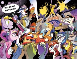 Size: 1280x985 | Tagged: safe, artist:andypriceart, edit, idw, 8-bit (character), buck withers, dj pon-3, gizmo, princess cadance, shining armor, sweetcream scoops, vinyl scratch, alicorn, pony, unicorn, spoiler:comic, 8-bit, crowd, guitar, konami, metal gear, metal gear rising, rules of nature