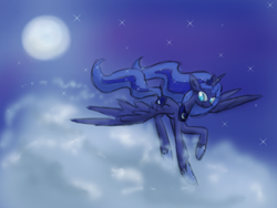 Size: 800x600 | Tagged: safe, artist:karlaandbliss, princess luna, alicorn, pony, cloud, cloudy, flying, lunadoodle, moon, night, smiling, solo, stars