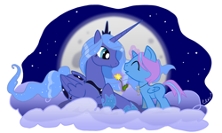 Size: 900x540 | Tagged: safe, artist:ellisarts, princess luna, oc, oc:harmony spirit, alicorn, pony, cloud, eyes closed, flower, moon, mouth hold, night, s1 luna