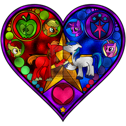 Size: 900x900 | Tagged: safe, artist:earthstar01, apple bloom, applejack, big macintosh, princess cadance, shining armor, twilight sparkle, alicorn, earth pony, pony, unicorn, gay, heart, kissing, love, male, shiningmac, shipping, stained glass, stallion