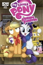 Size: 1050x1594 | Tagged: safe, artist:amy mebberson, idw, applejack, princess celestia, rarity, alicorn, earth pony, pony, unicorn, friends forever, spoiler:comicff8, applejack is not amused, comic, cover, travel guide, unamused