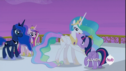 Size: 1366x768 | Tagged: safe, screencap, princess cadance, princess celestia, princess luna, twilight sparkle, twilight sparkle (alicorn), alicorn, pony, twilight's kingdom, alicorn tetrarchy, female, hub logo, mare