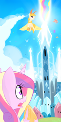 Size: 1000x2000 | Tagged: safe, artist:meekcheep, princess cadance, oc, alicorn, mothpony, original species, pony, crystal empire, flying, observer, surprised