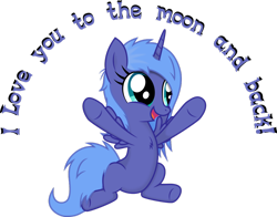 Size: 1010x791 | Tagged: dead source, safe, artist:farminilla, princess luna, alicorn, pony, filly, happy, s1 luna, smiling, woona