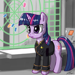 Size: 900x900 | Tagged: safe, artist:johnjoseco, derpibooru import, twilight sparkle, unicorn twilight, pony, unicorn, battlestar galactica, clothes, female, frown, mare, radar, solo