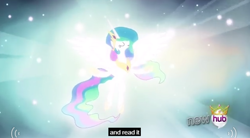 Size: 632x348 | Tagged: safe, screencap, princess celestia, alicorn, pony, magical mystery cure, all new, ascension, celestia's ballad, crown, hub logo, meme, solo, text, youtube caption