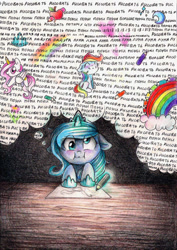 Size: 450x637 | Tagged: safe, artist:dearmary, princess luna, alicorn, pony, darkness, derp, draw, drawing, filly, pencil, russian, table, thinking, woona