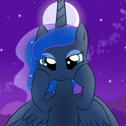 Size: 2048x2048 | Tagged: safe, artist:bratzoid, princess luna, alicorn, pony, looking at you, moon, night, smiling, solo, spread wings, squishy cheeks, stars