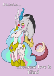 Size: 1500x2100 | Tagged: safe, artist:abaikgirl, discord, princess celestia, alicorn, pony, blushing, boop, dislestia, eyes closed, female, floppy ears, male, noseboop, nuzzling, shipping, smiling, straight, surprised, wide eyes