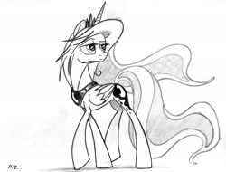 Size: 2204x1674 | Tagged: safe, artist:uminanimu, princess luna, alicorn, pony, grayscale, lineart, looking back, monochrome, solo, traditional art