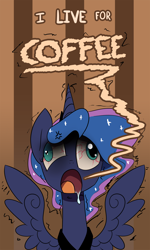 Size: 1400x2336 | Tagged: safe, artist:darkflame75, princess luna, alicorn, pony, addiction, bloodshot eyes, coffee, derp, drool, luna found the coffee, lunadoodle, majestic as fuck, mismatched eyes, open mouth, solo, wide eyes, wingboner