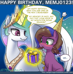 Size: 650x662 | Tagged: safe, artist:johnjoseco, princess celestia, oc, oc:gem, alicorn, pony, ask gaming princess luna, birthday, blushing, levitation, magic, memj0123, present, tumblr