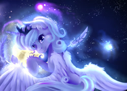 Size: 700x500 | Tagged: safe, artist:moeru789, princess luna, alicorn, pony, ear fluff, feather, hug, moon, s1 luna, solo, space, stars, tangible heavenly object