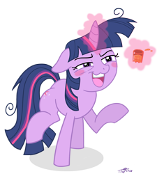 Size: 1245x1381 | Tagged: safe, artist:thex-plotion, derpibooru import, twilight sparkle, pony, unicorn, blush sticker, blushing, cider, drunk, drunk twilight, female, floppy ears, levitation, magic, mare, messy mane, open mouth, raised hoof, raised leg, simple background, smiling, solo, telekinesis, transparent background